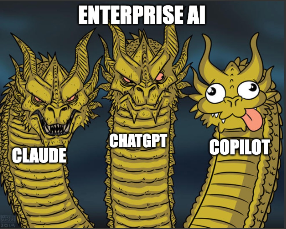 Three-headed dragon meme labeled "Enterprise AI": Claude and ChatGPT drawn as fierce dragons, Copilot as the goofy cartoon dragon with its tongue out